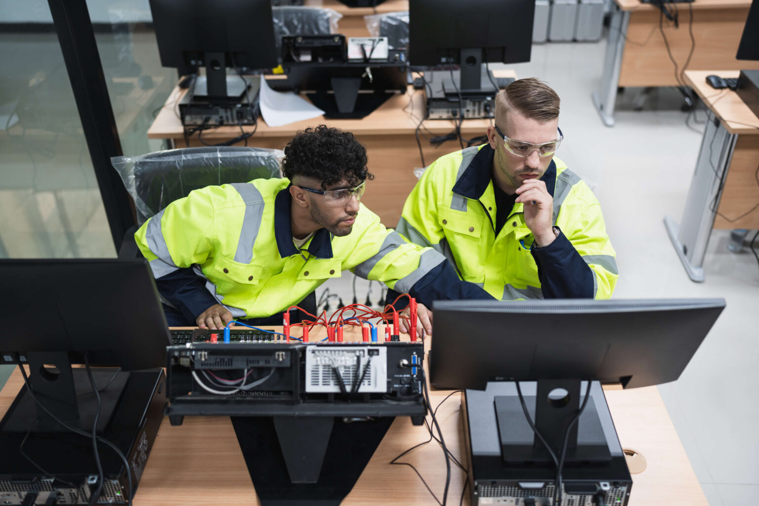 Vocational school students in safety glasses and high-visibility jackets test an electrical panel in a computer lab